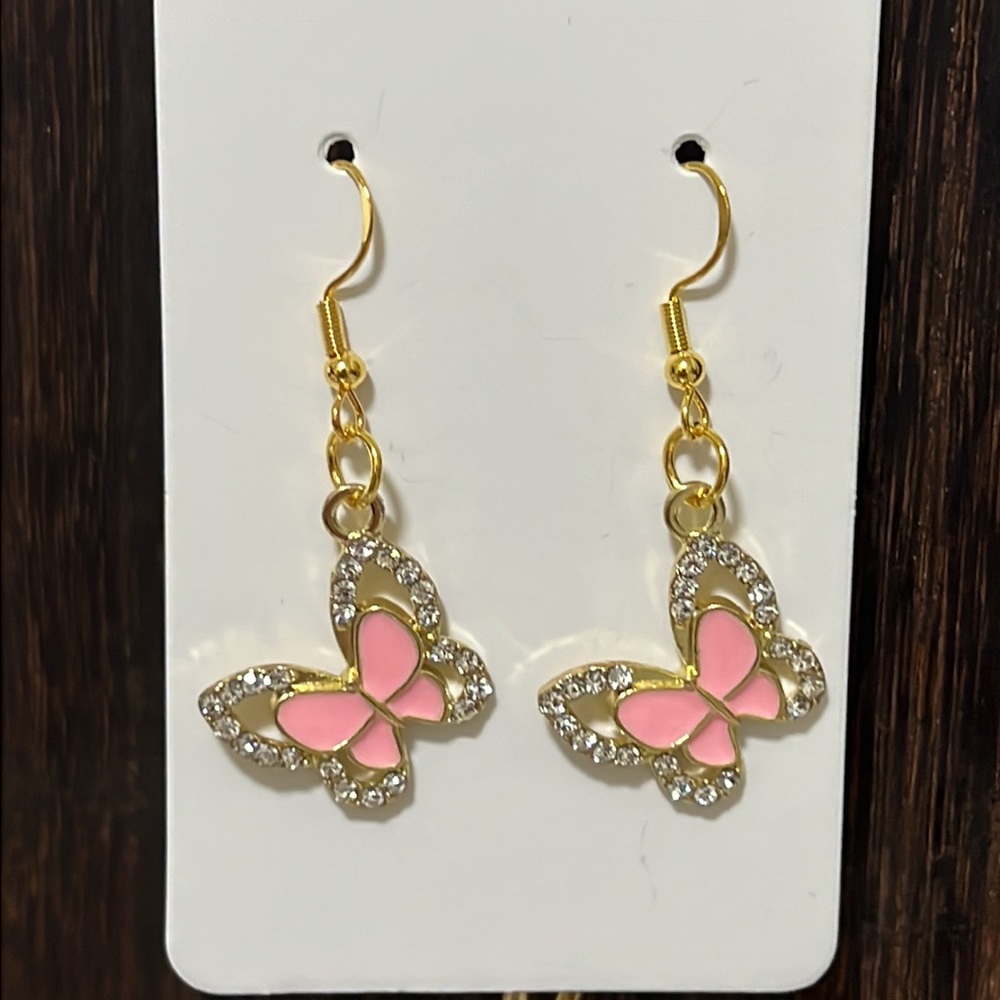 F2 - Gold and Pink Rhinestone Butterfly Earrings on 925 Sterling hooks - Picture 1 of 2